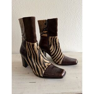 Vintage Y2K Russell & Bromley  Leather Patch Square Heel Boots Zip Boots Sz 36.5